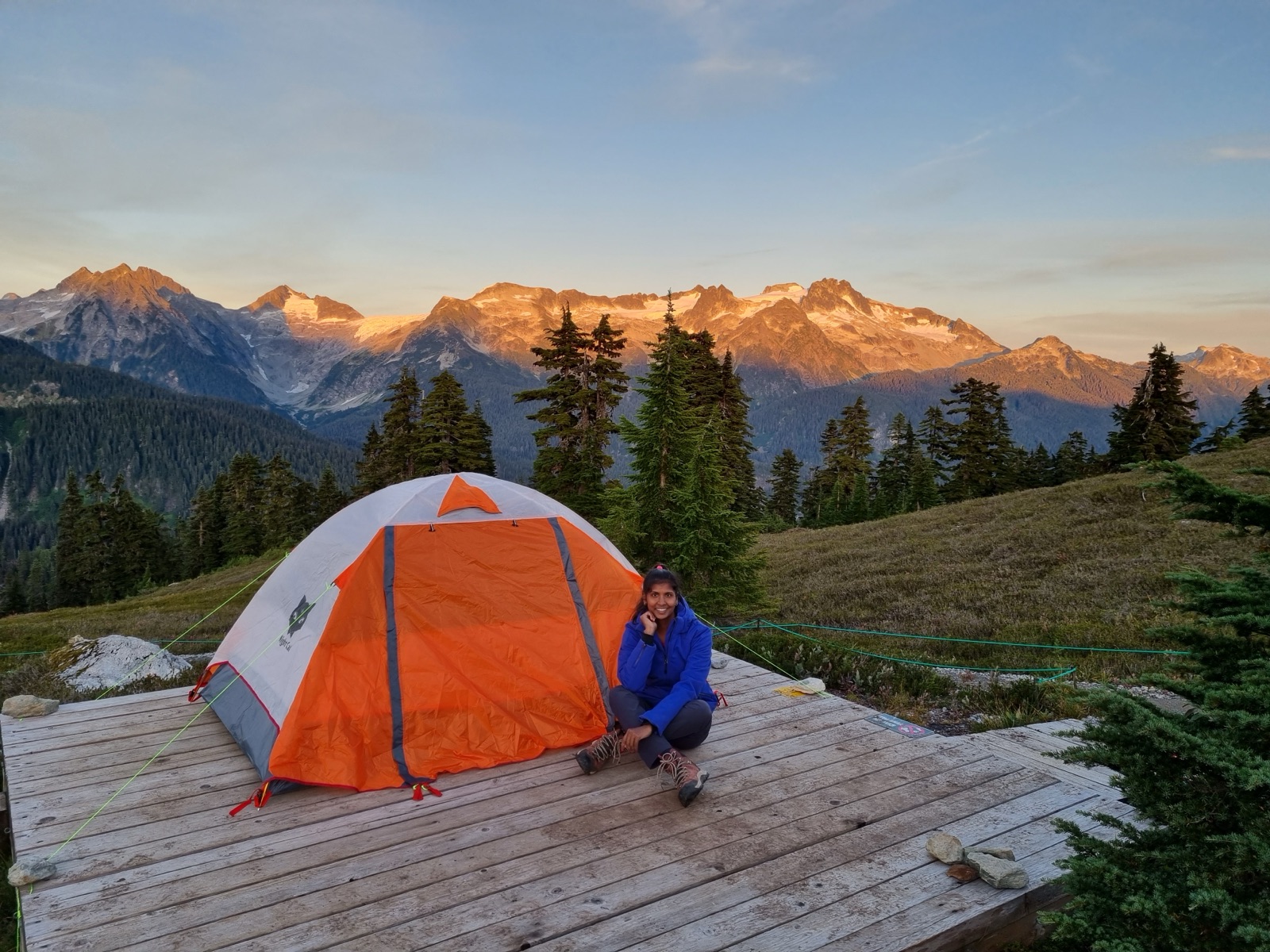 Backcountry camp at sunset, Coast Mountains